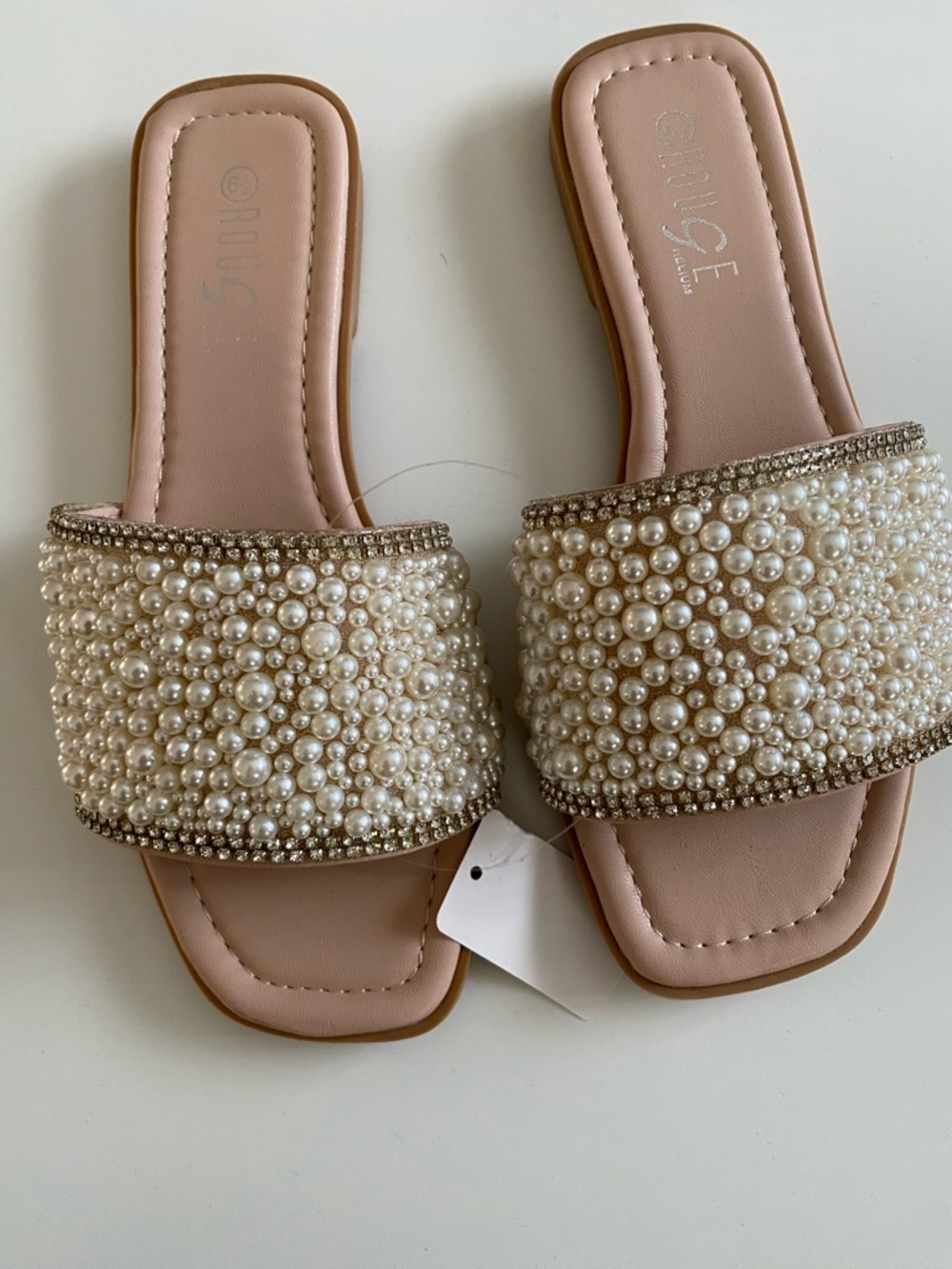 Rouge Helium Pearl-Embellished Pink Slide Mules